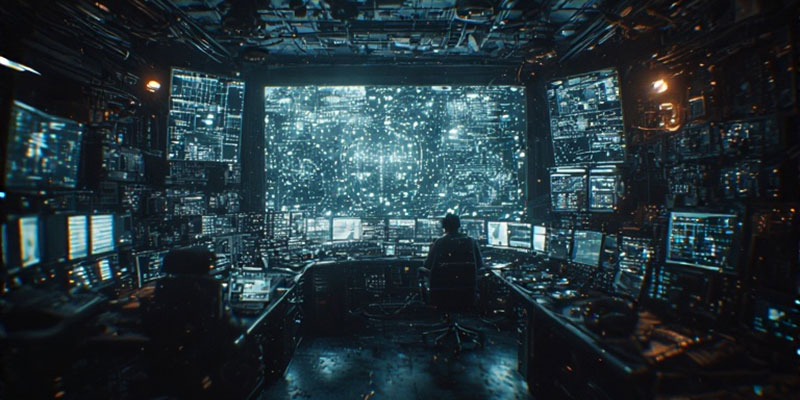 Dark room filled with computer monitors and wide screen TVs