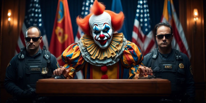 Clown leader stands behind podium with secret service