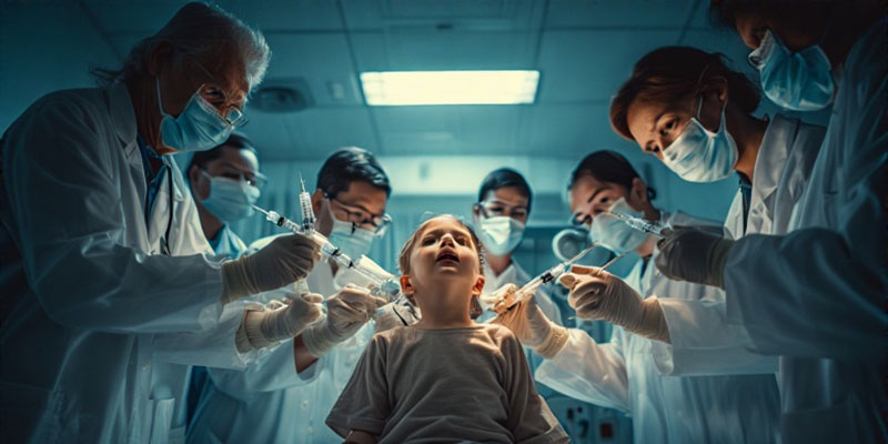 Doctors with syringes surrounding a child