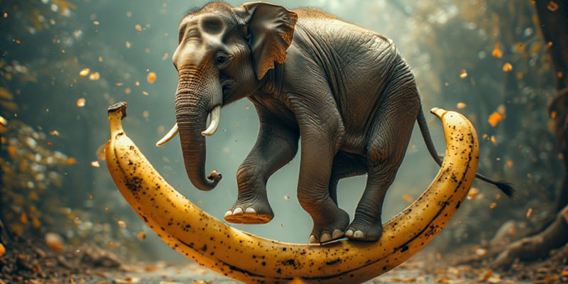 An elephant standing on a banana
