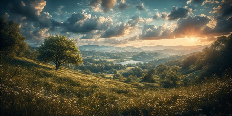 Beautiful scene of a fields of flowers and trees
