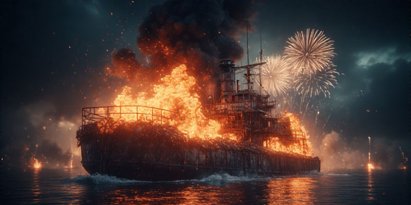 A flaming garbage barge with fireworks in the background