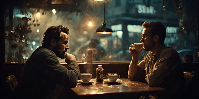 Two men at a cafe, talking and drinking coffee