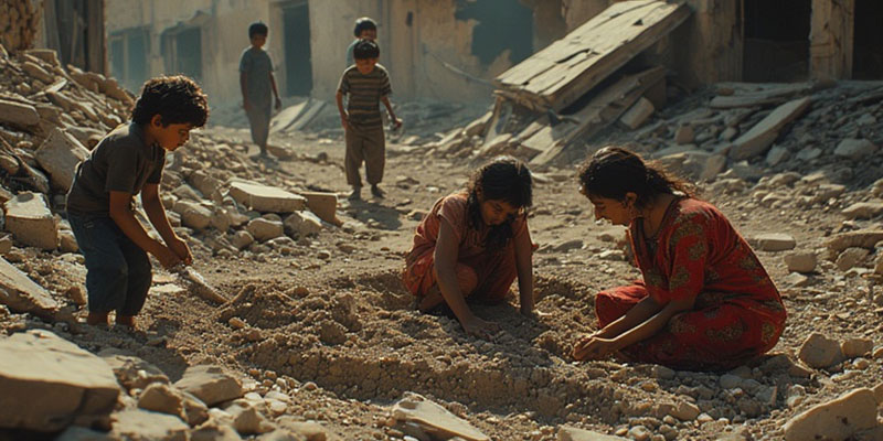 Children digging through rubble in Gaza