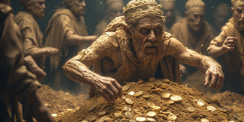 Golden man hoards gold and dust