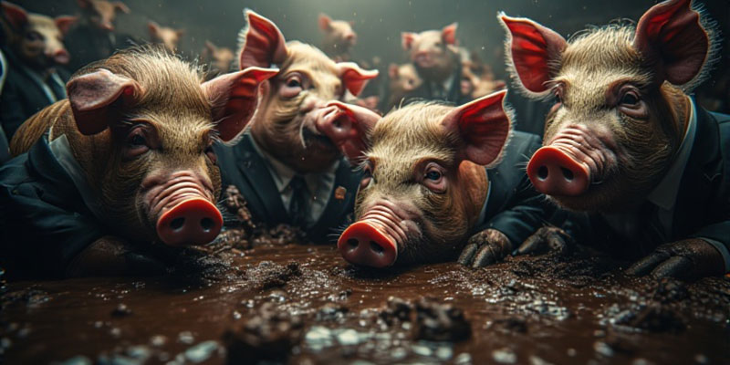 Pigs wearing suits, wallowing in shit