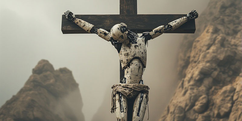 Robot being crucified on a cross