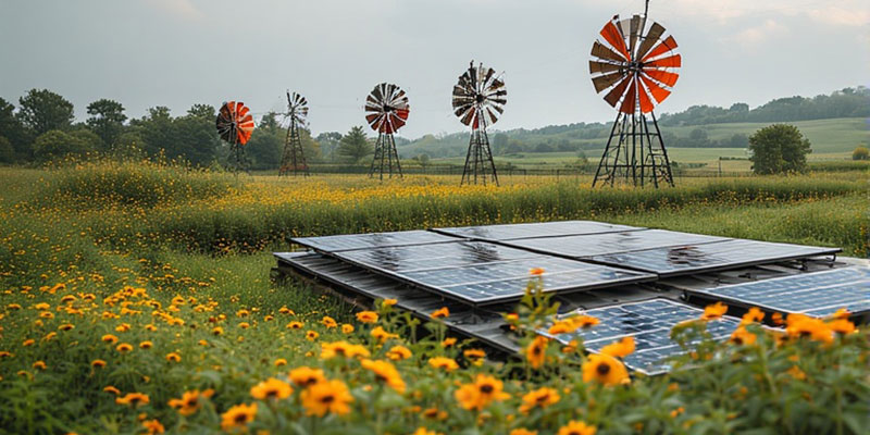 Solar panels and wind turbines in a field of flowers
