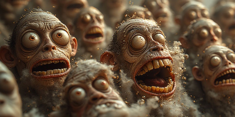 AI image of crazed crowd staring, transfixed