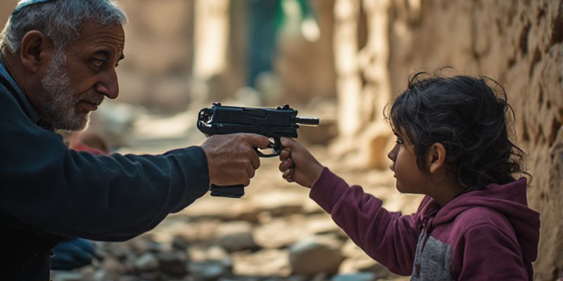 Zionist pointing a gun at a Palestinian child